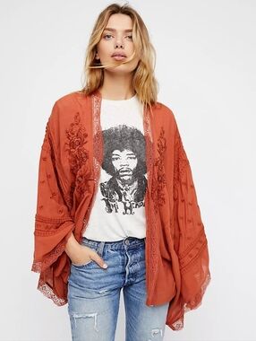 Free People Rust Embroidered Kimono